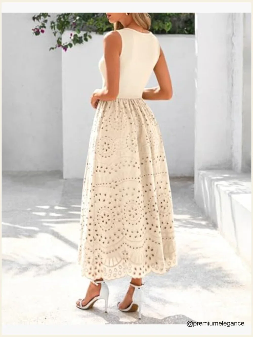 Sleeveless A-Line Maxi Dress with Lace Eyelet and Pockets, Cotton Blend - Picture 5 of 7